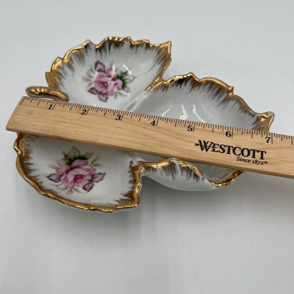 Lefton Leaf Shaped Candy Dish with Hand Painted Roses and Gilt Edge - Picture 8 of 12